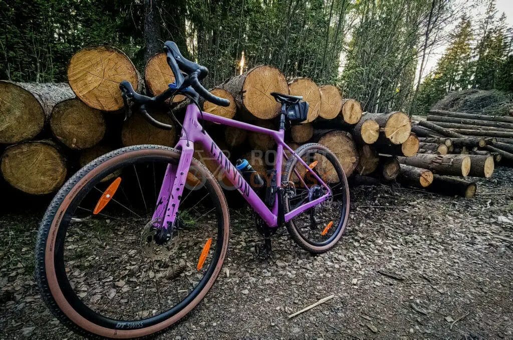 A purple gravel bike leans against a stack of cut logs in a wooded area.