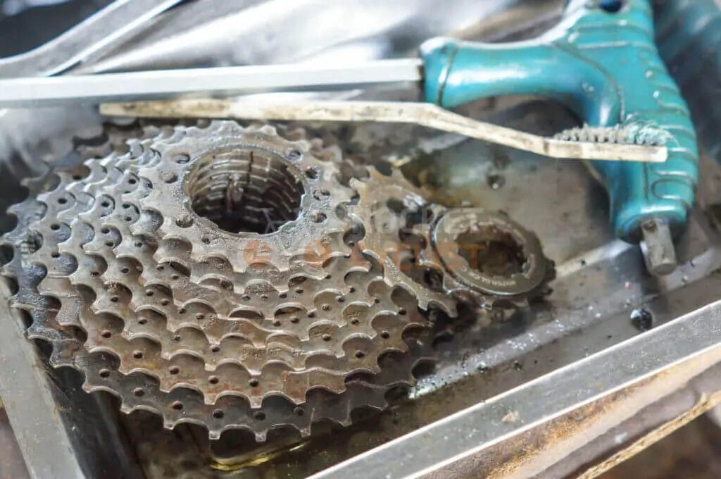 Bicycle gear cassette and chain submerged in a cleaning solution during maintenance.