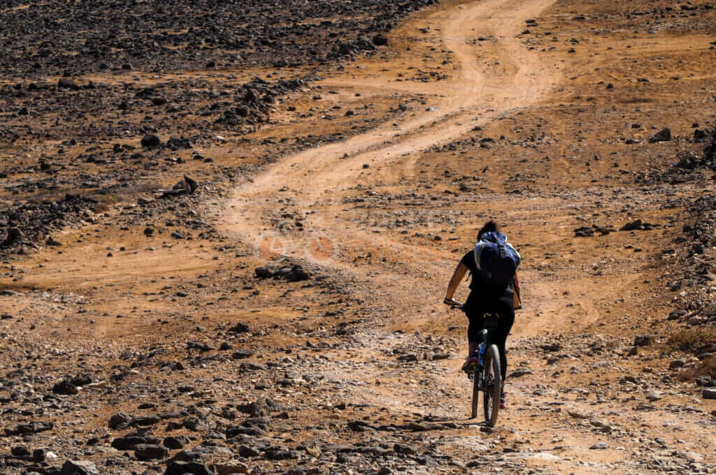 A man riding a bike on a dirt road in the desert.