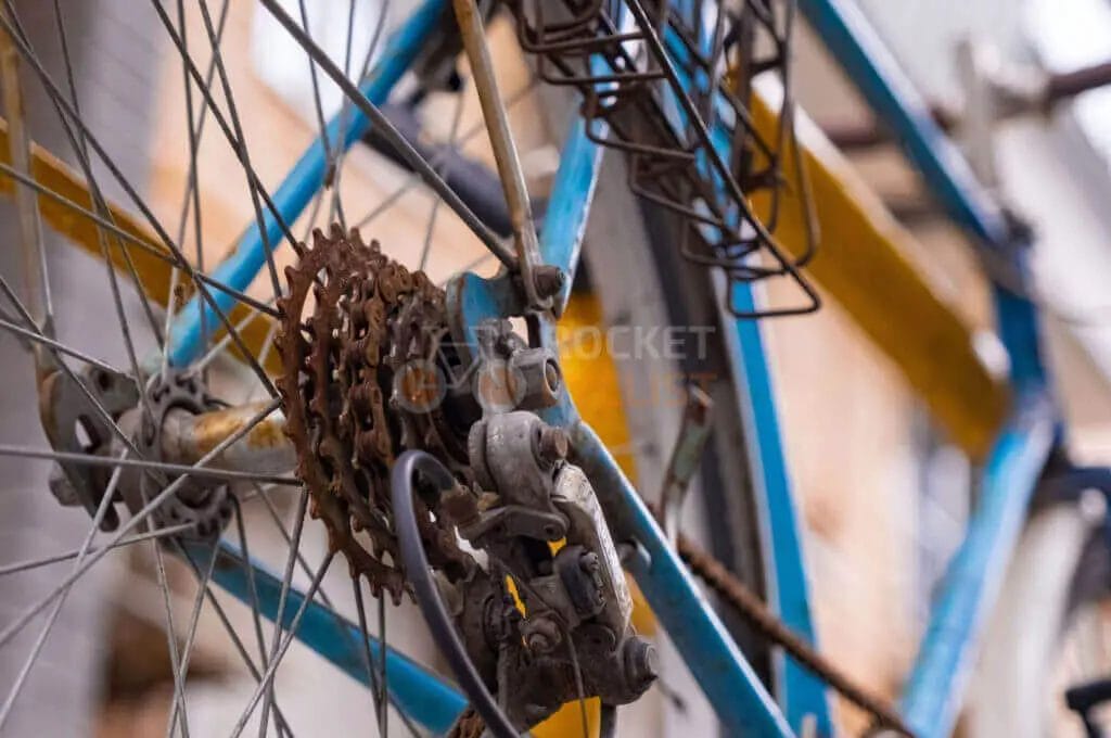 Close-up of a bicycle's rear wheel, showcasing the sprockets and derailleur mechanism with a blurred background.