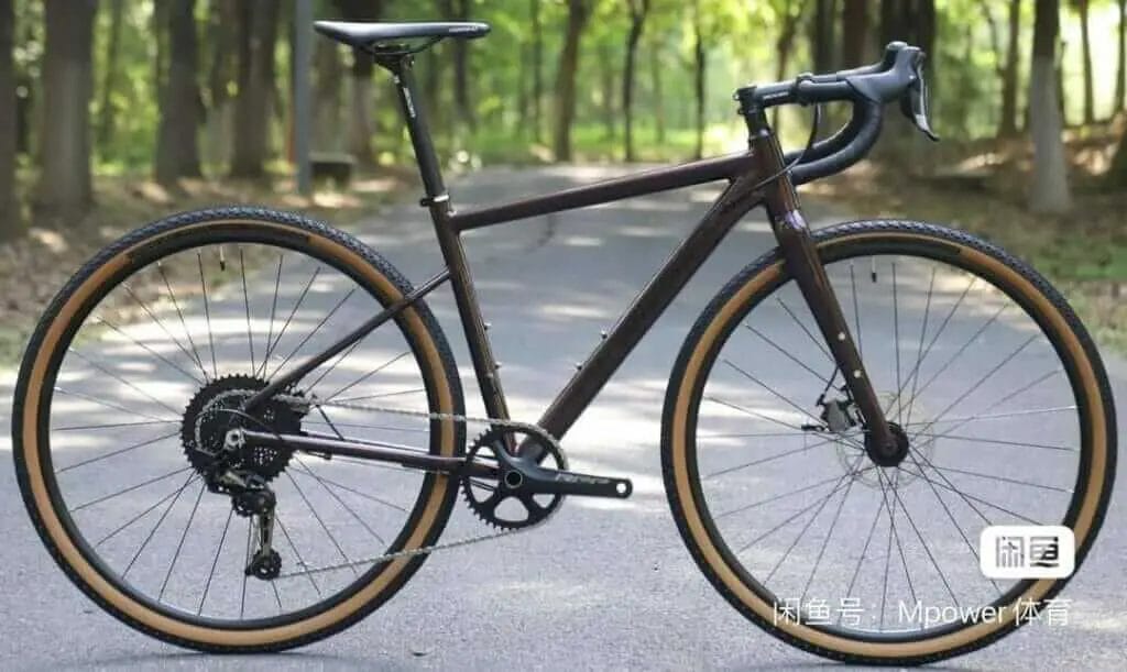A bike is parked on a road in the woods.