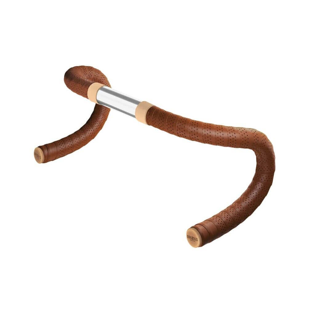 A bicycle handlebar with a brown leather handle.