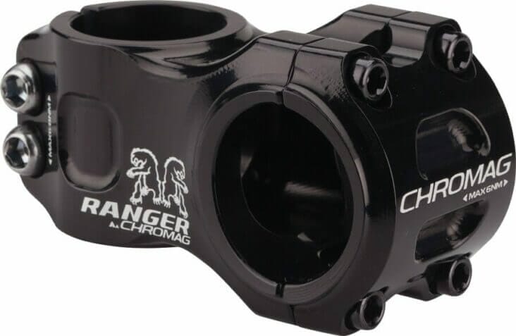 A black bicycle stem with the word ranger on it.