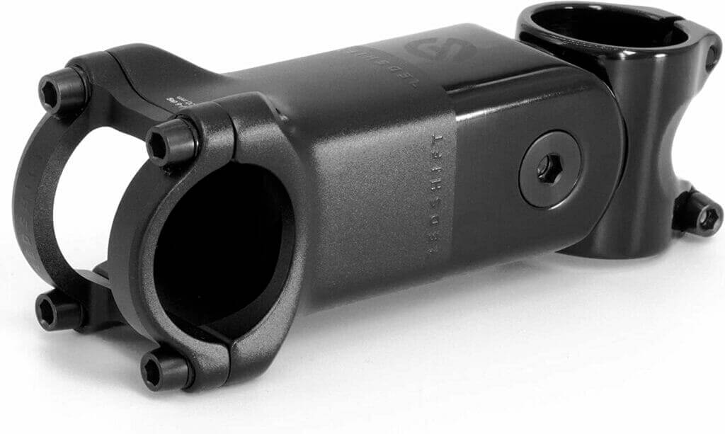 A black bicycle stem on a white background.