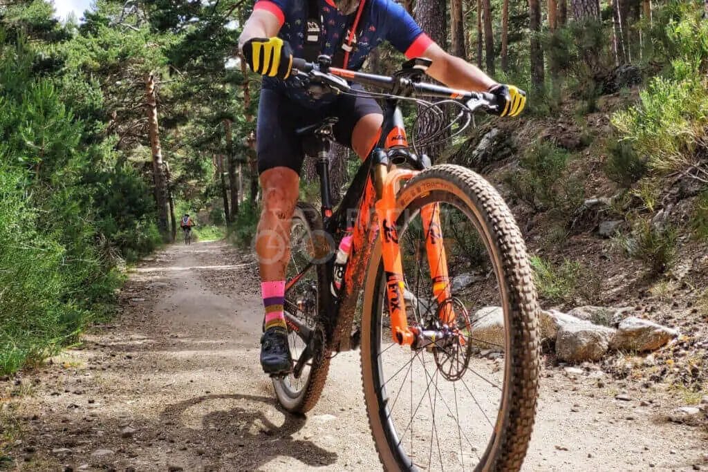 A man riding a mountain bike in the woods.