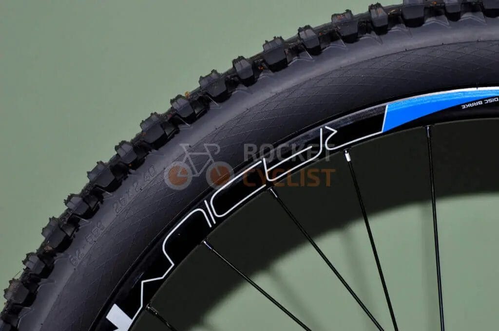 A close up of a mountain bike tire.