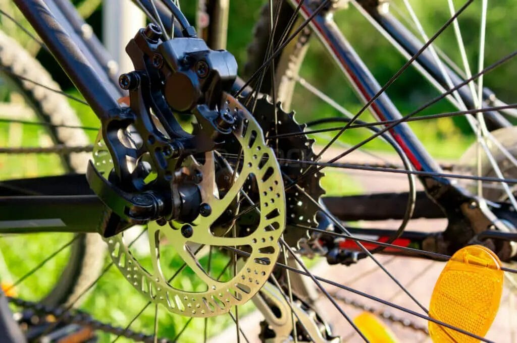 A close up of a bicycle with a disc brake.