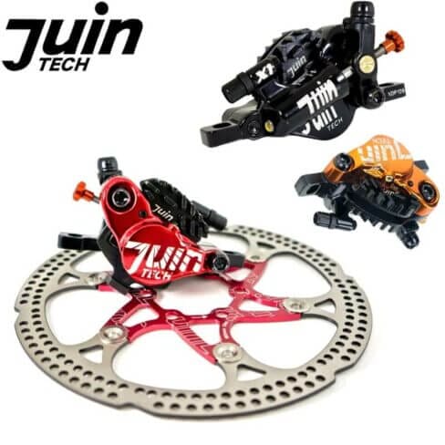 A set of brake calipers and rotors.