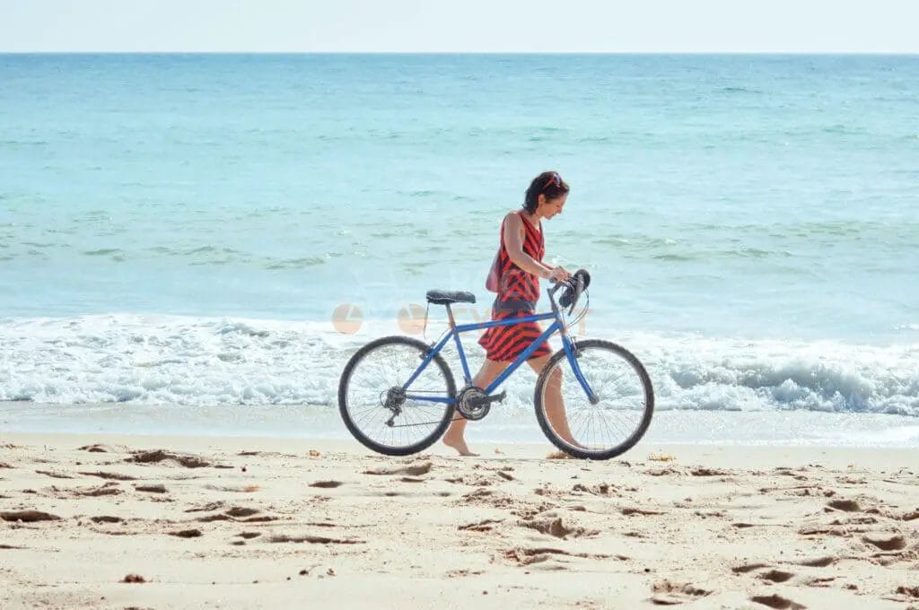 A person walks alongside a bicycle on a sandy beach with the ocean in the background.