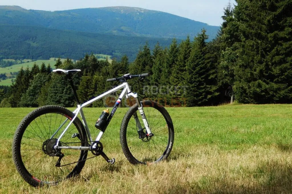 A mountain bike is parked in a grassy field.
