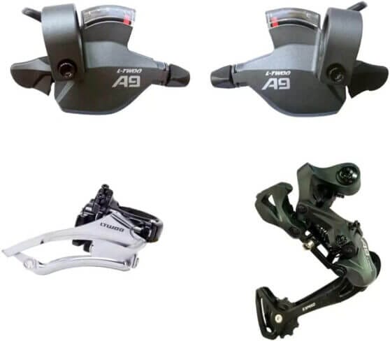 A set of brakes and brake levers on a white background.