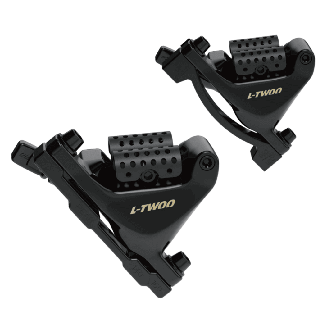 Two black bicycle brakes on a white background.