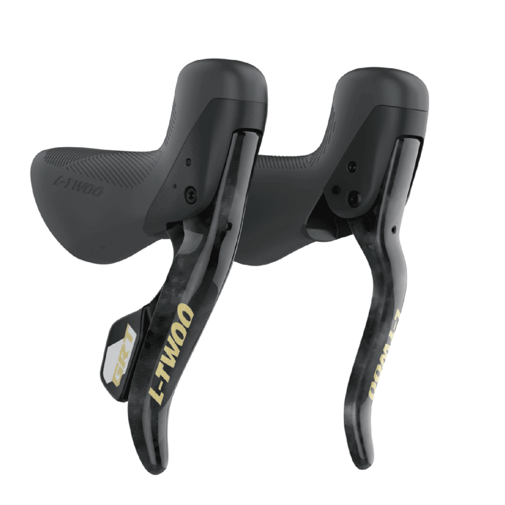 A pair of black bicycle levers.