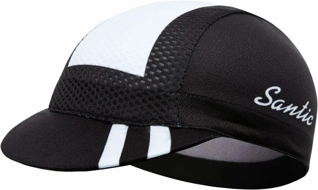 A black and white cycling cap with the word santa on it.