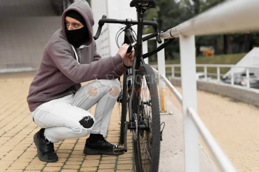 A man in a mask crouching next to a bicycle.