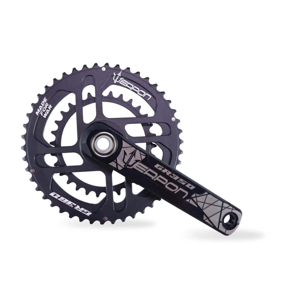 A black bicycle chainring.