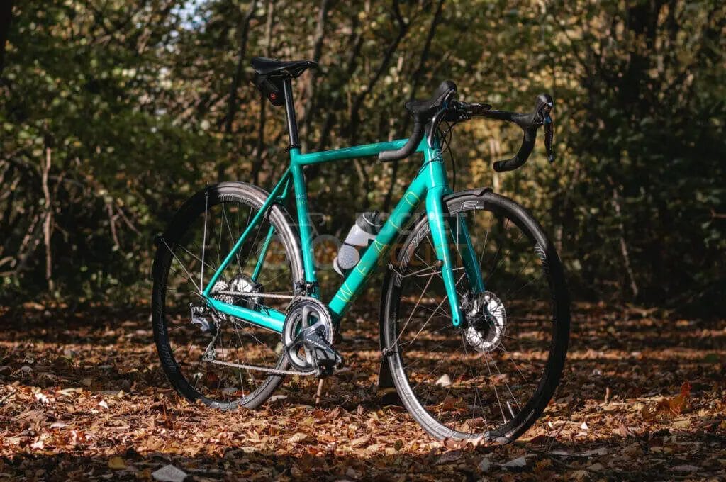 A road bicycle with a teal frame parked on a bed of autumn leaves in a forest setting.